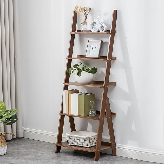 Maydear Bamboo Ladder Shelf Bookcase, 5-Tier Leaning Bookshelf Free Standing