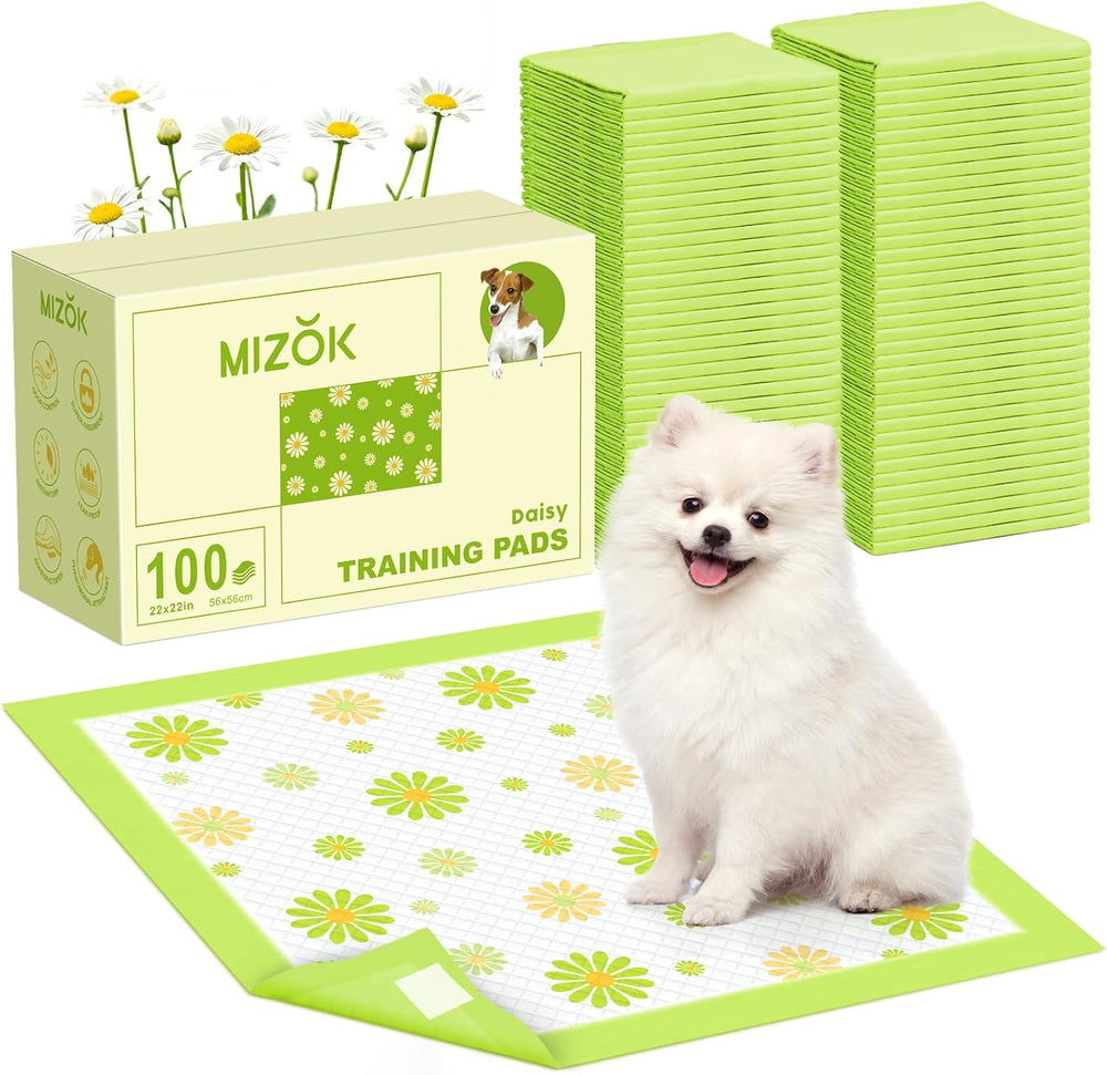 MIZOK Puppy Pads with Adhesive Tabs Green Daisy Prints Small 22x22in 100Ct