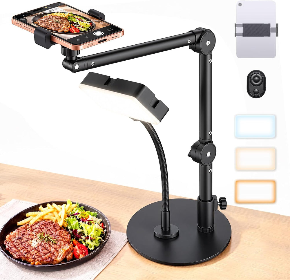 Overhead Phone Mount, 360° Adjustable Height & Position,Selfie Lights