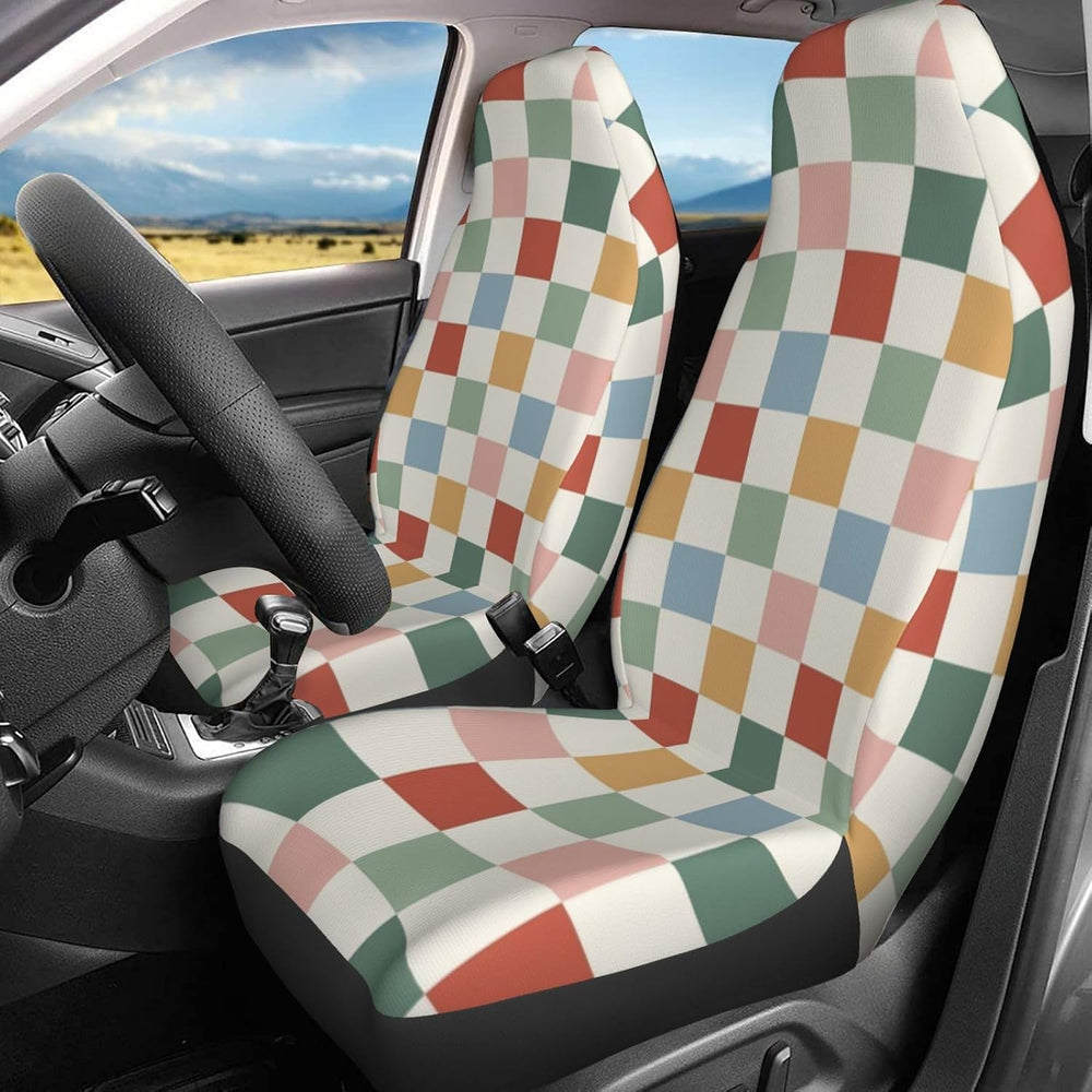 Rainbow Checkerboard Retro Car Seat Covers Universal 2 Pcs Auto Front Seat Co...