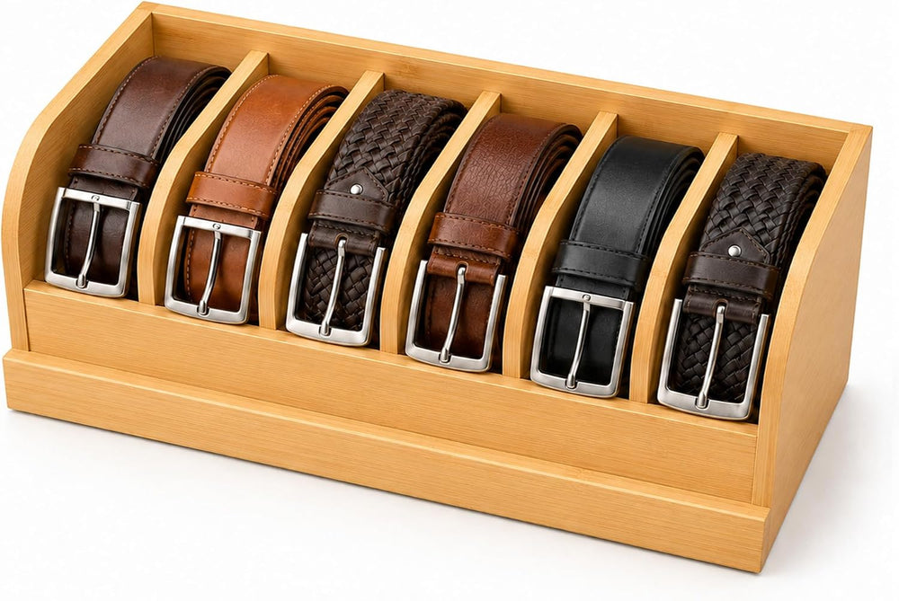MinBoo Bamboo Belt Organizer Box,6 Grids Belt Rack, Belt Organizer for Closet...