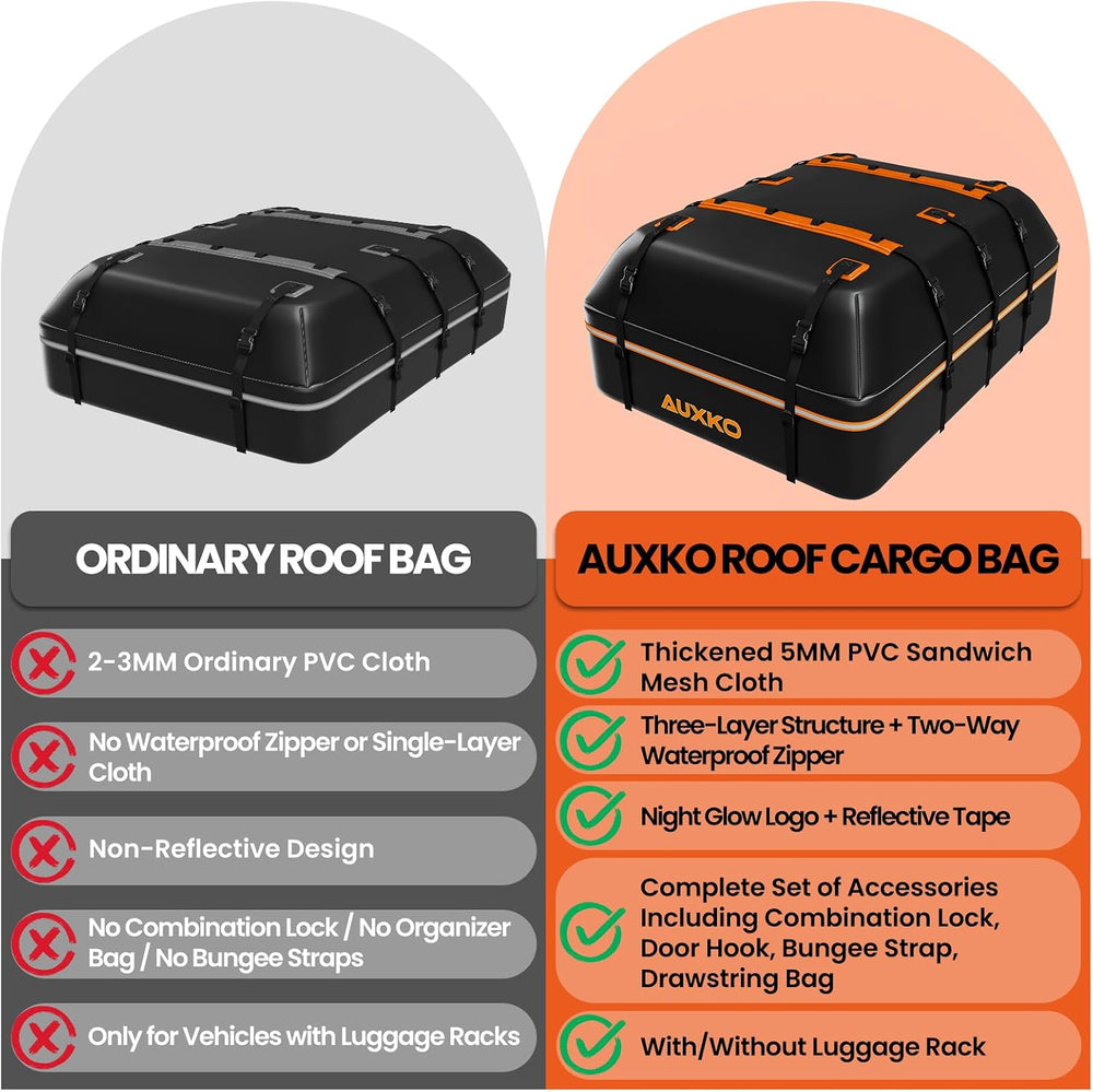 AUXKO 22 Cubic Ft Waterproof Rooftop Cargo Carrier Bag for All Vehicles with/...