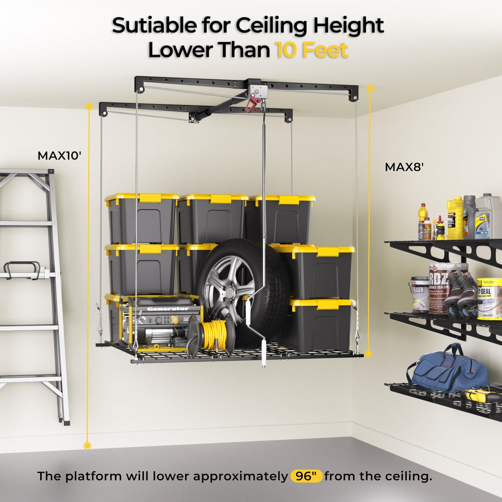 Overhead Garage Storage Rack for 8-10ft Ceiling, Heavy-duty 4x4 FT Garage Cei...