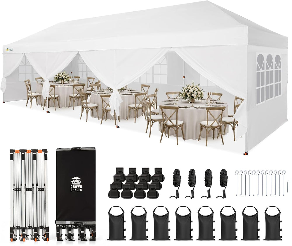CROWN SHADES 10X30 Pop Up Canopy Tent with Sidewalls, Instant Setup, White