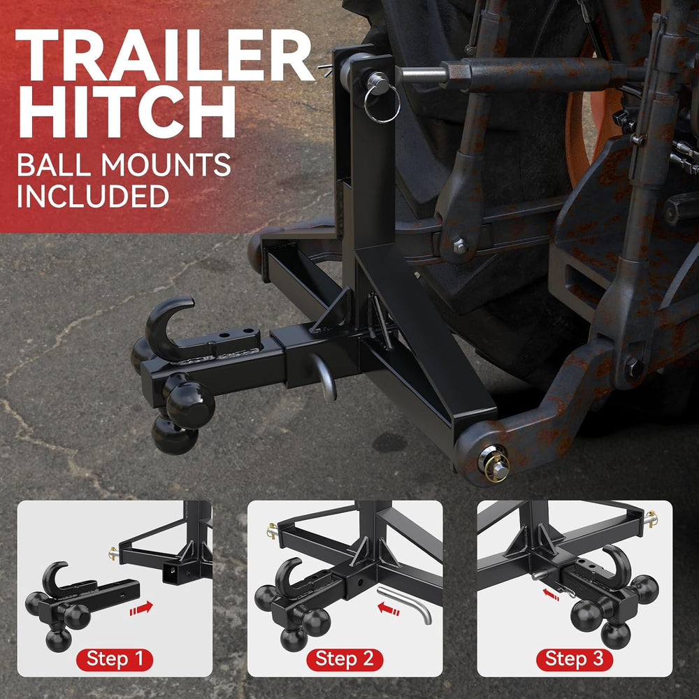 3 Point Trailer Hitch with 2' Receiver&Ball Hitch for Cat.1 Tractors ...