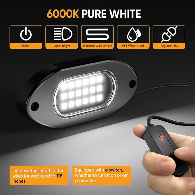 Honalia Pure White Rock Lights for Trucks 20 Pods, 6000K White LED Rock Lights