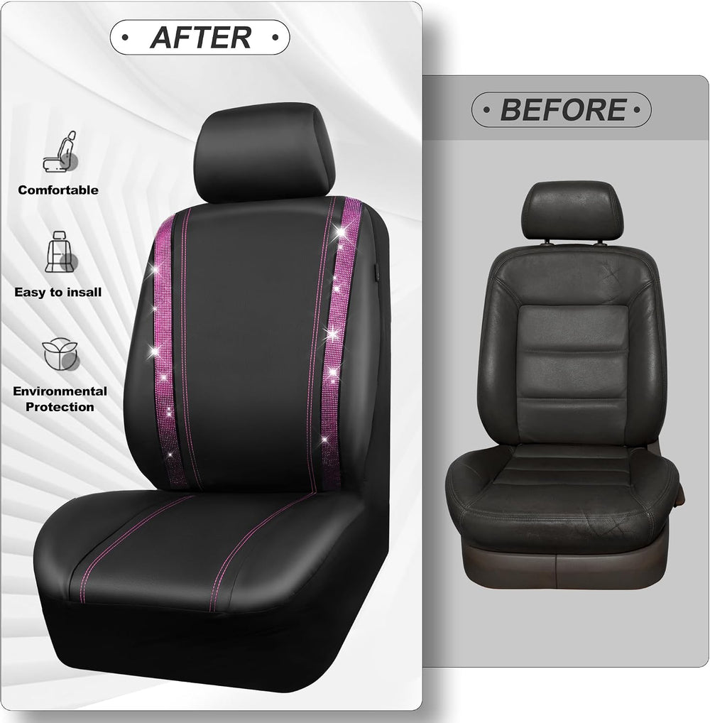 CAR PASS Leather Bling Diamond Car Seat Covers 2 Front Interior Sets, Waterpr...