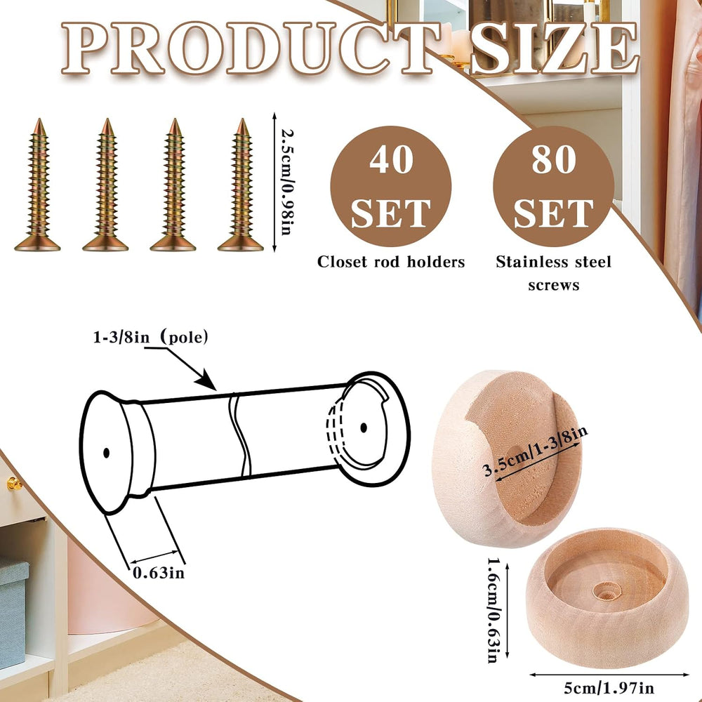 Weysat 80 Sets Closet Pole Socket Wooden Closet Rod Holders 1-3/8" Pole ...