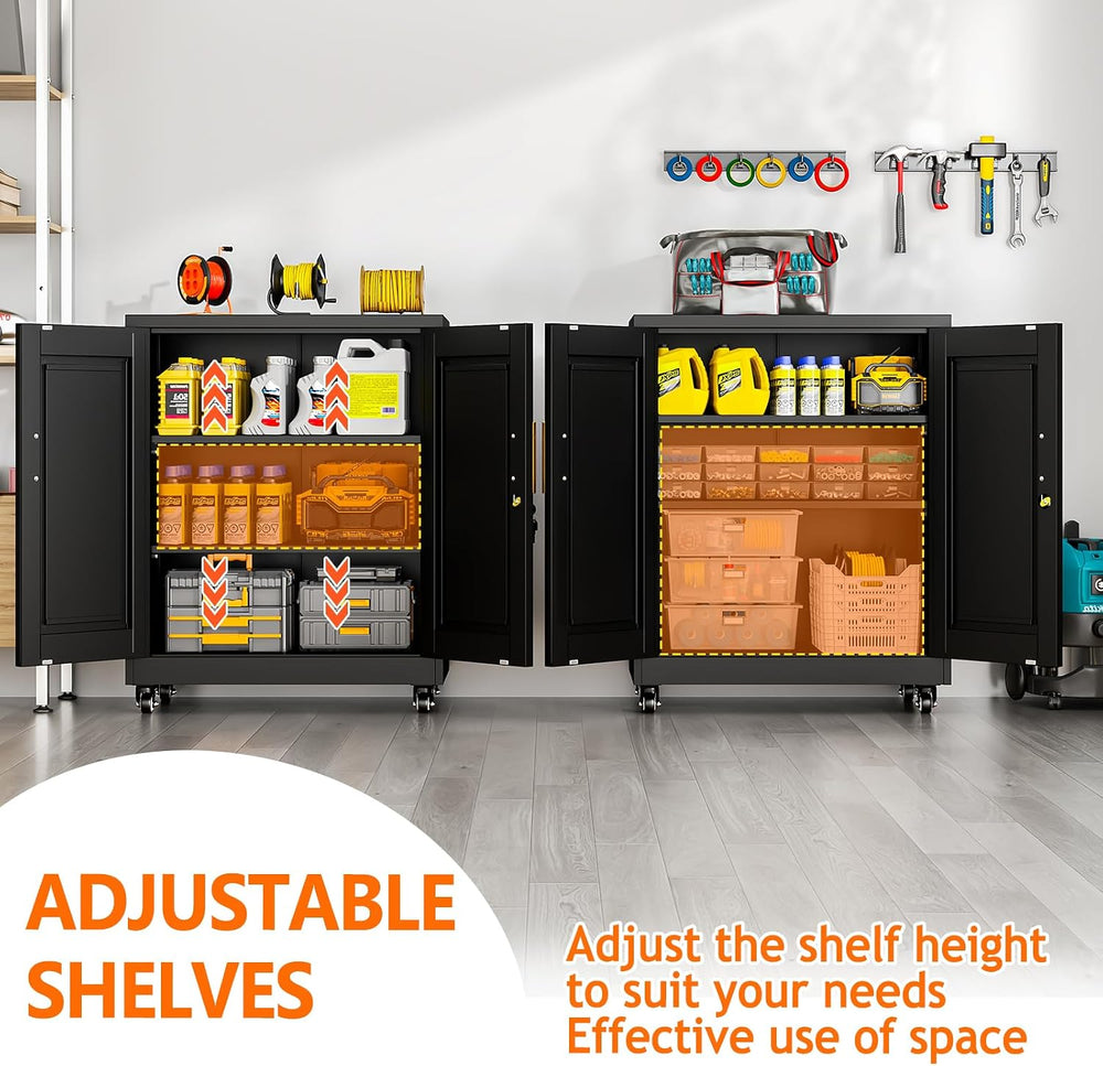 Metal Storage Cabinet with Wheels, 36" Tall Locking Storage Black