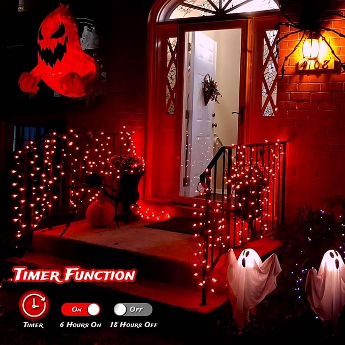 YEGUO 66ft 200 LED Red Halloween Lights Outdoor Waterproof, Green Wire Christ...