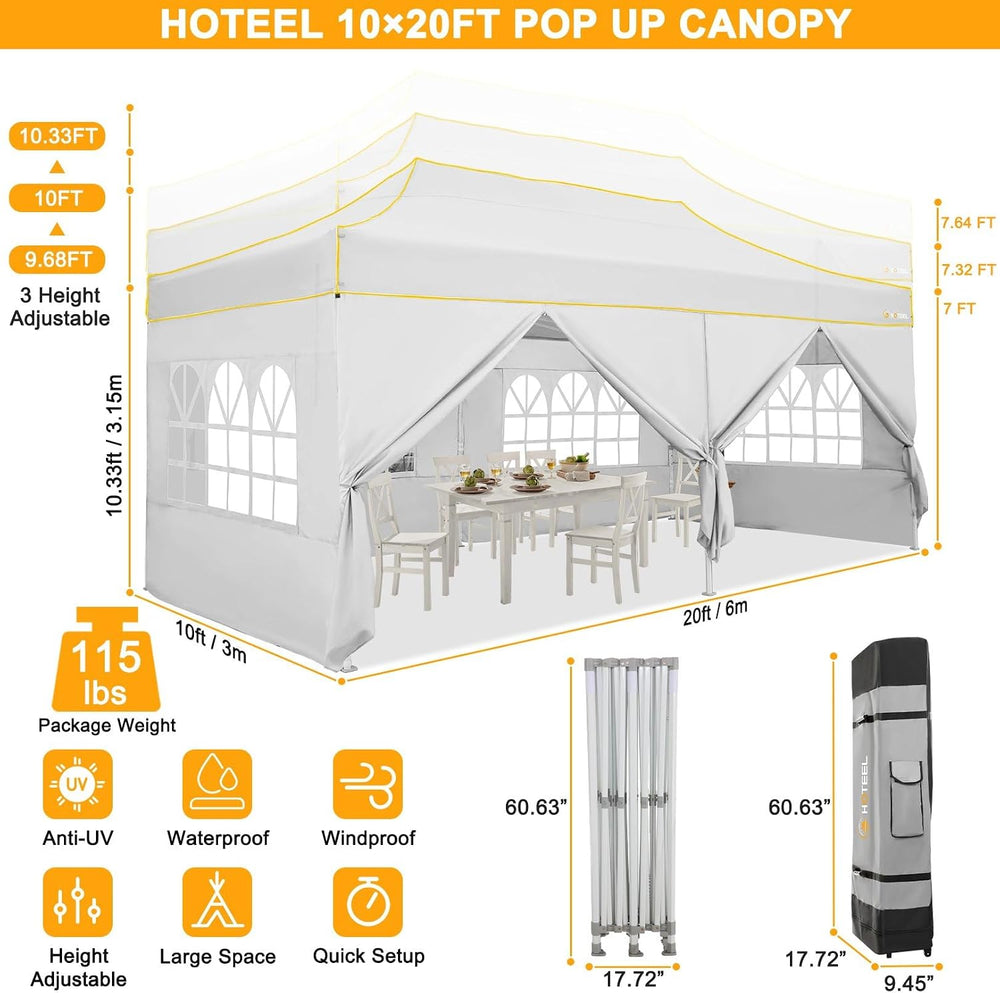 HOTEEL 10x20 Pop Up Canopy with Sidewalls, Thickened Hexagonal Legs, White