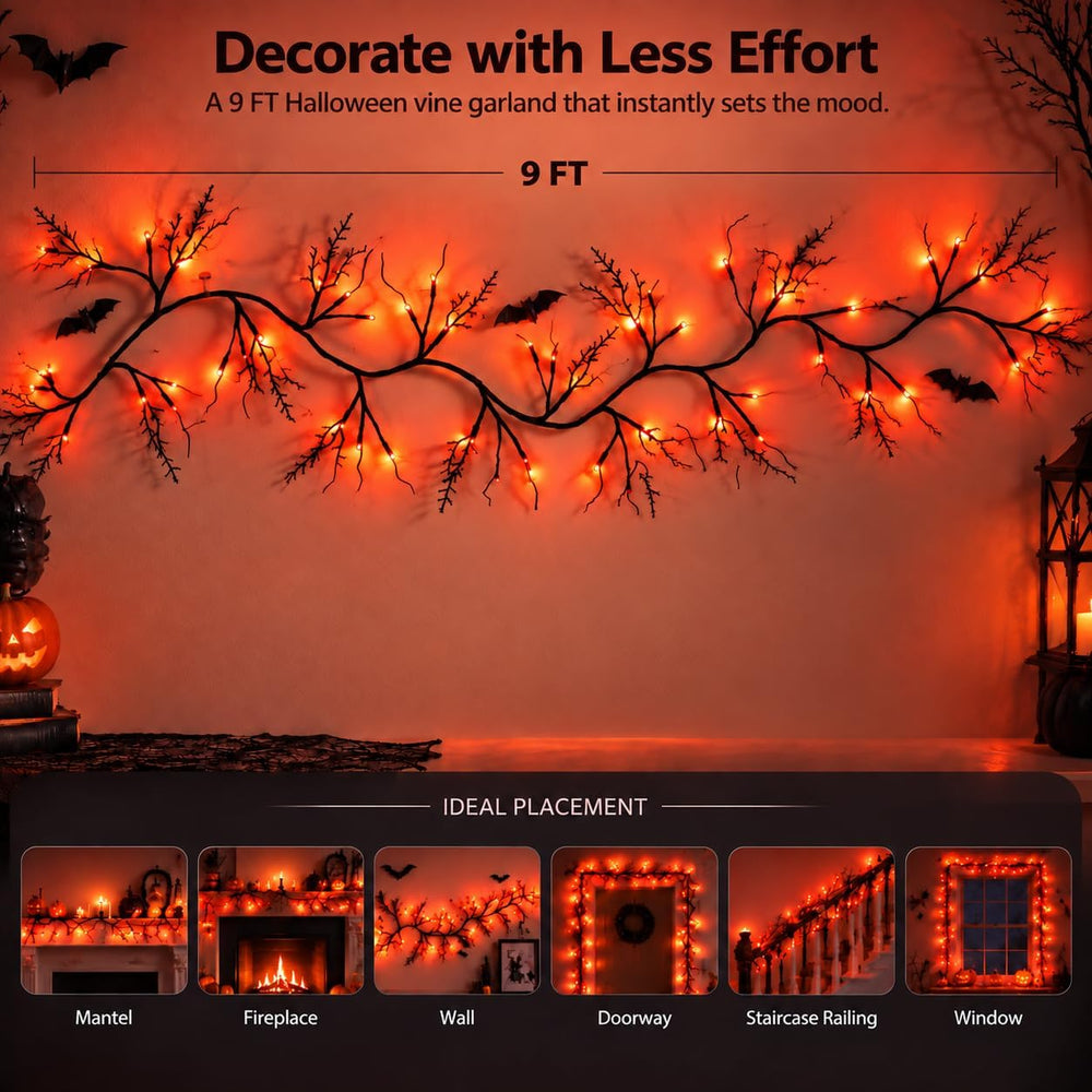 Halloween Garland with Orange Lights, 9 FT Bendable Black Branch, 72 LEDs