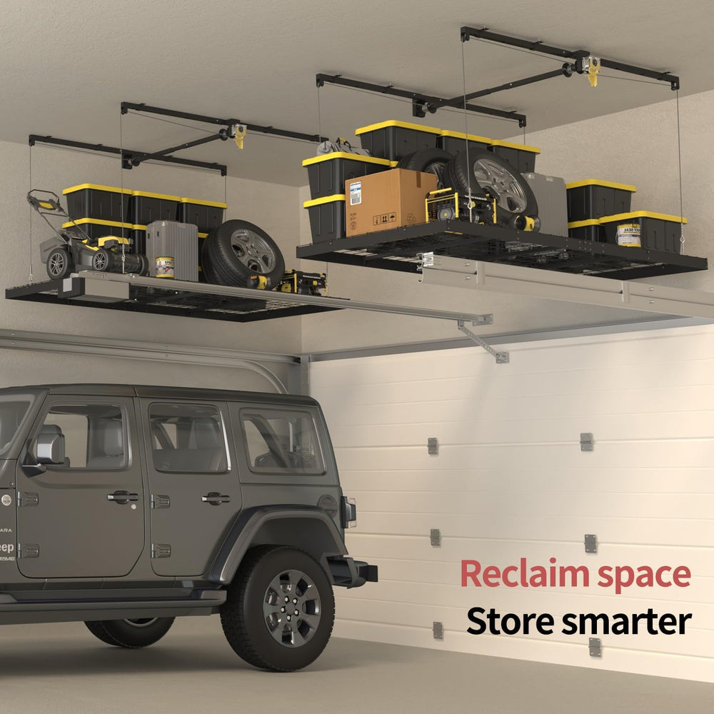 Garage Ceiling Storage Racks โ 4x8 FT Overhead Garage Storage Rack with Safet...