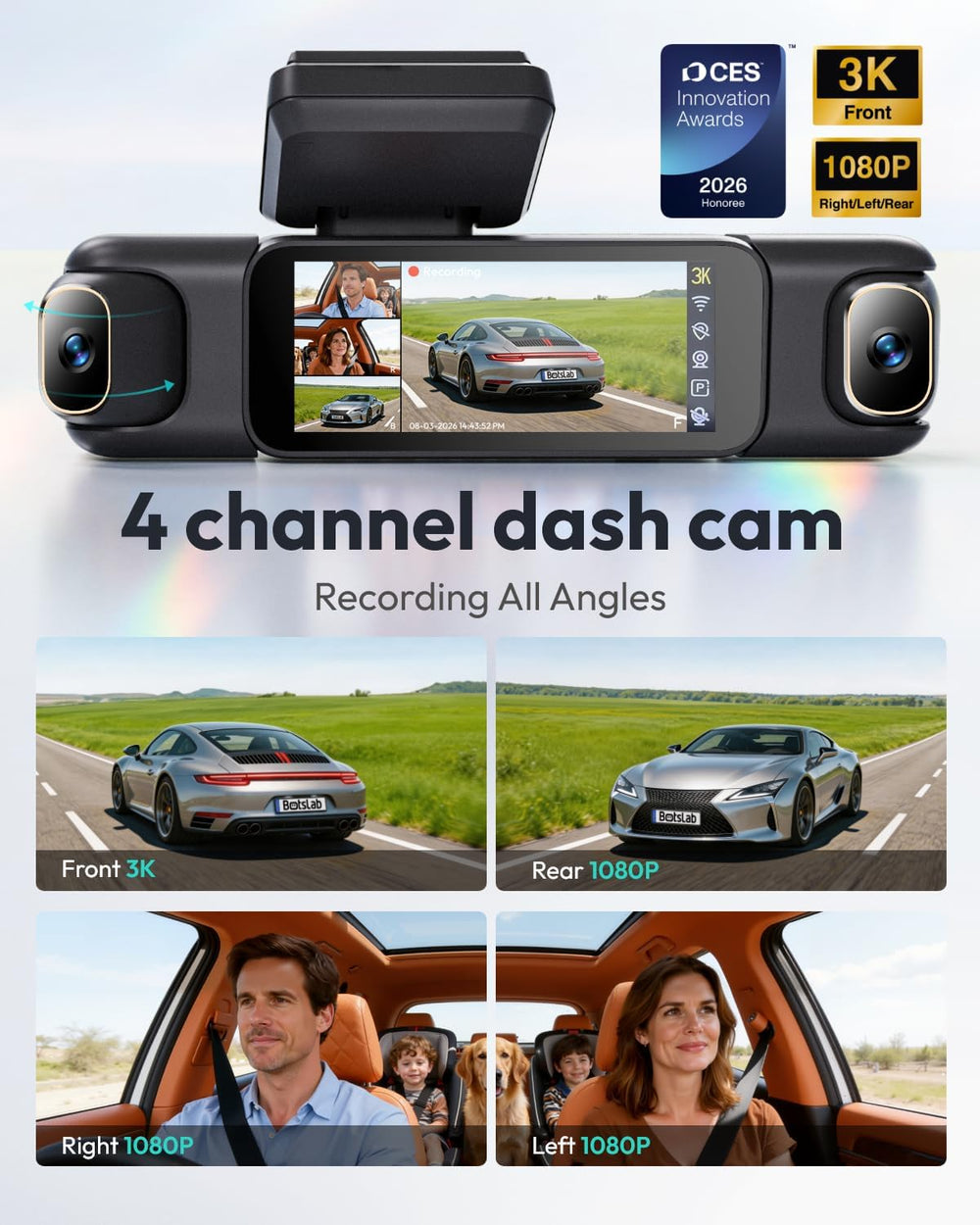 BOTSLAB 4 Channel 360ยฐ Dash Cam, 128GB Card, Voice Control, App Control