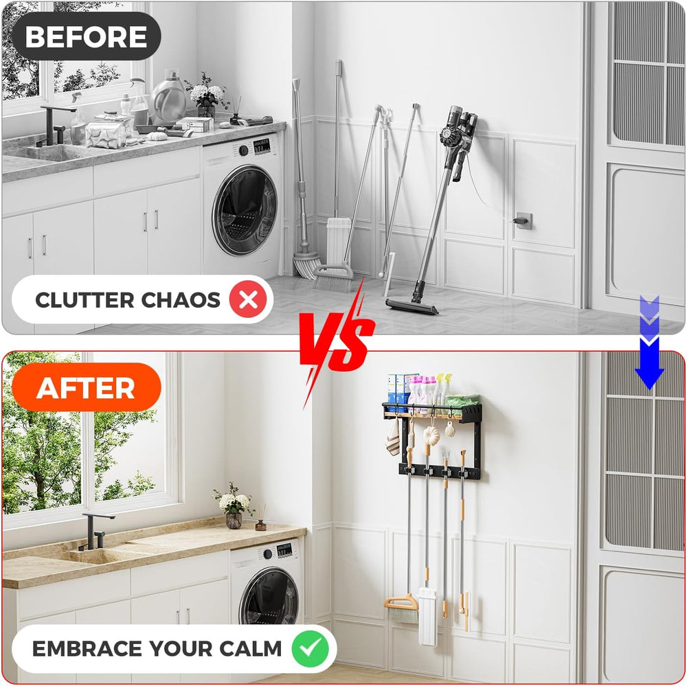 Broom Holder Wall Mount with Shelf,Broom Hanger with 4 Hooks,Broom and Mop Or...