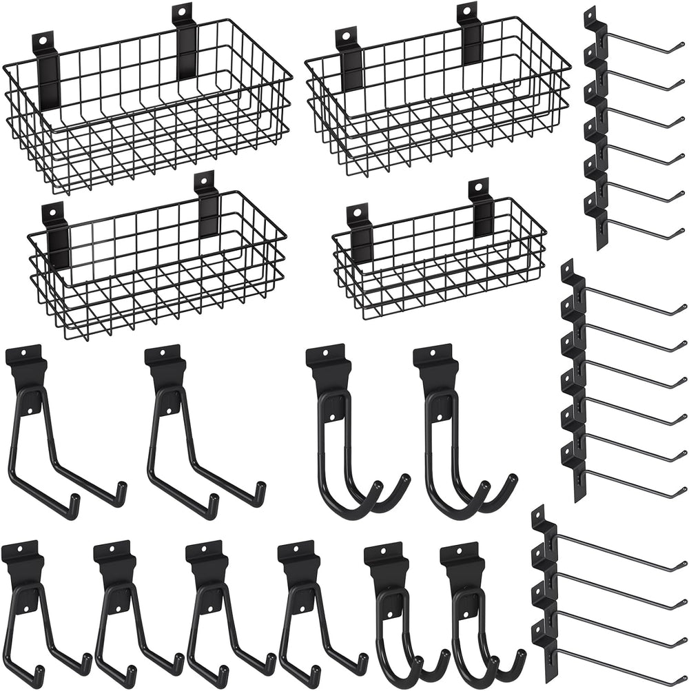 INCLY 30PCS Slatwall Accessories Kit, 4 Basket & Multisize Hooks for Garage