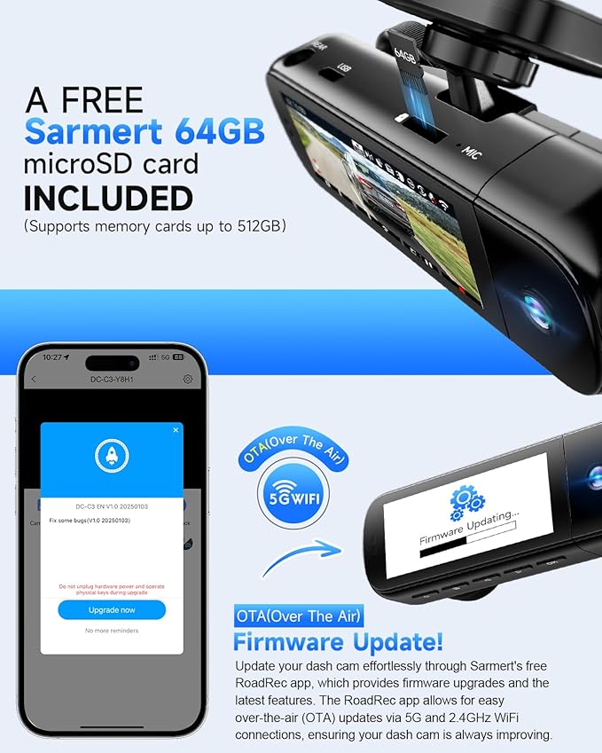 3 Channel Dash Cam, SARMERT 4K Dash Cam Front Inside and Rear