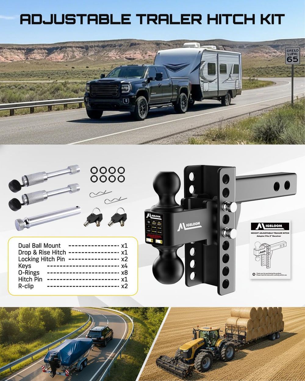 Adjustable Trailer Hitch for 2" Receiver, Heavy Duty Drop Hitch with 6&q...