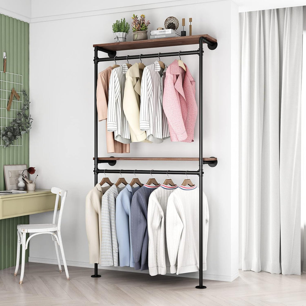 DR.IRON Industrial Pipe Clothing Racks with 2 Tier Shelves, Wall Mounted Blac...