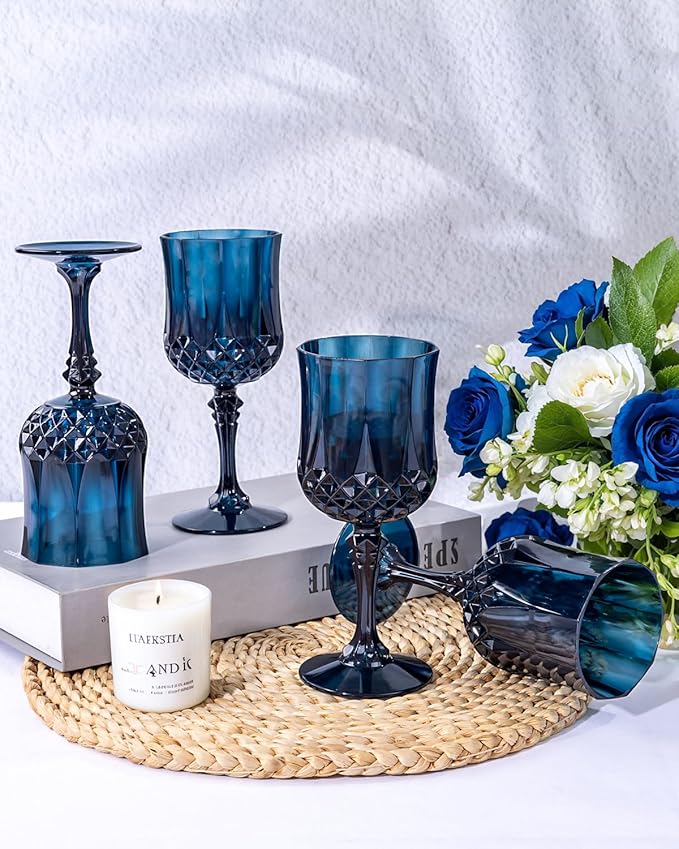 Ciaell 24PCS Blue Plastic Wine Glasses - 7 Oz Plastic Goblets for Party - Blu...