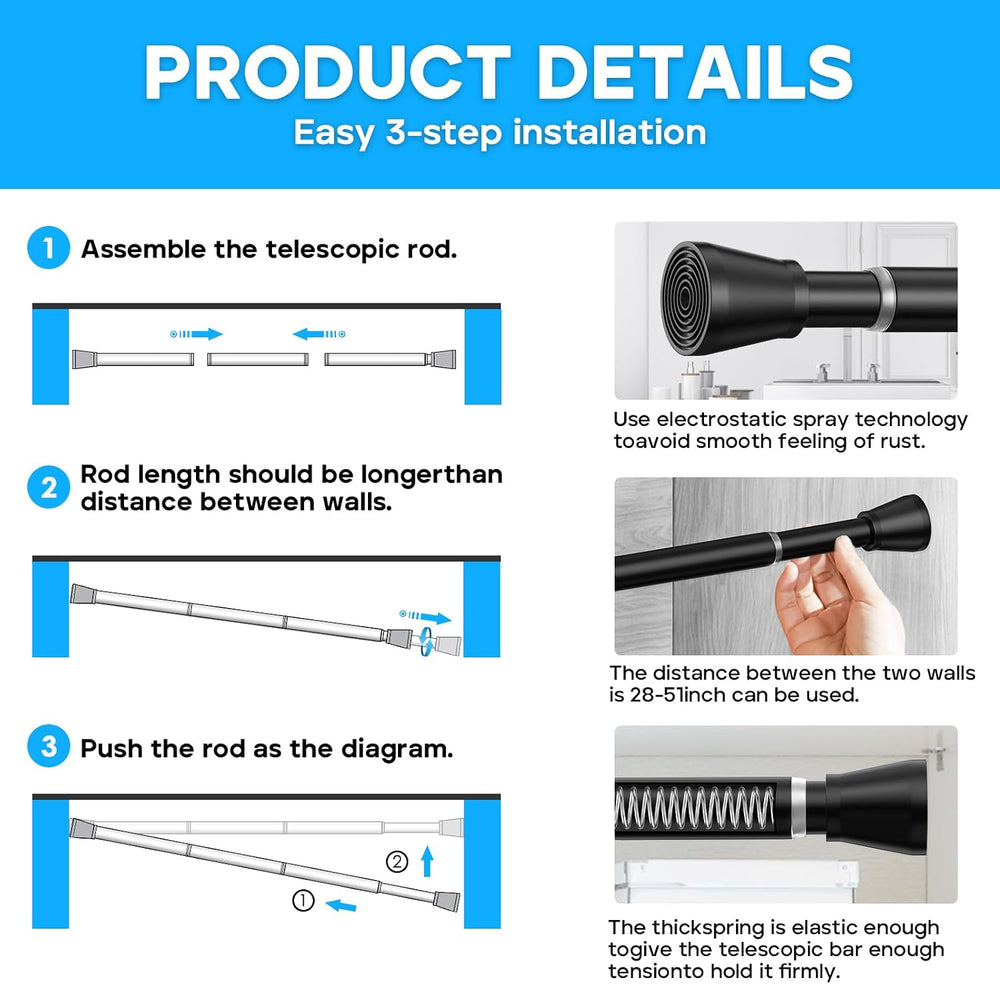 Black Spring Tension Curtain Rods 28 to 48 Inch, Adjustable Curtain Rods No D...