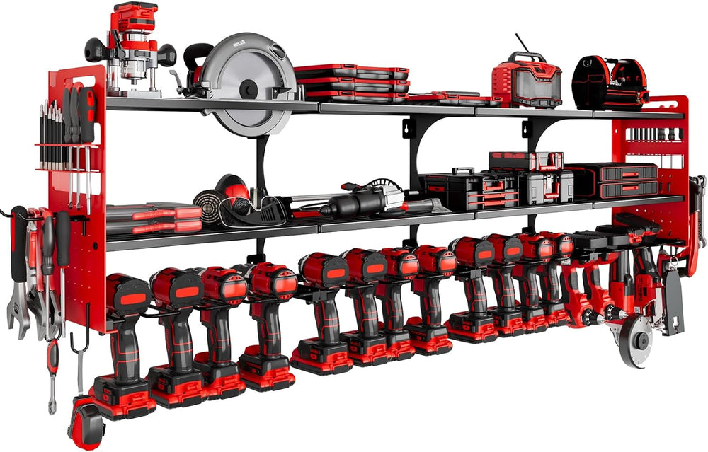64" Power Tool Organizer Wall Mount, 16 Slots, 3-Tier Drill & Cordle...