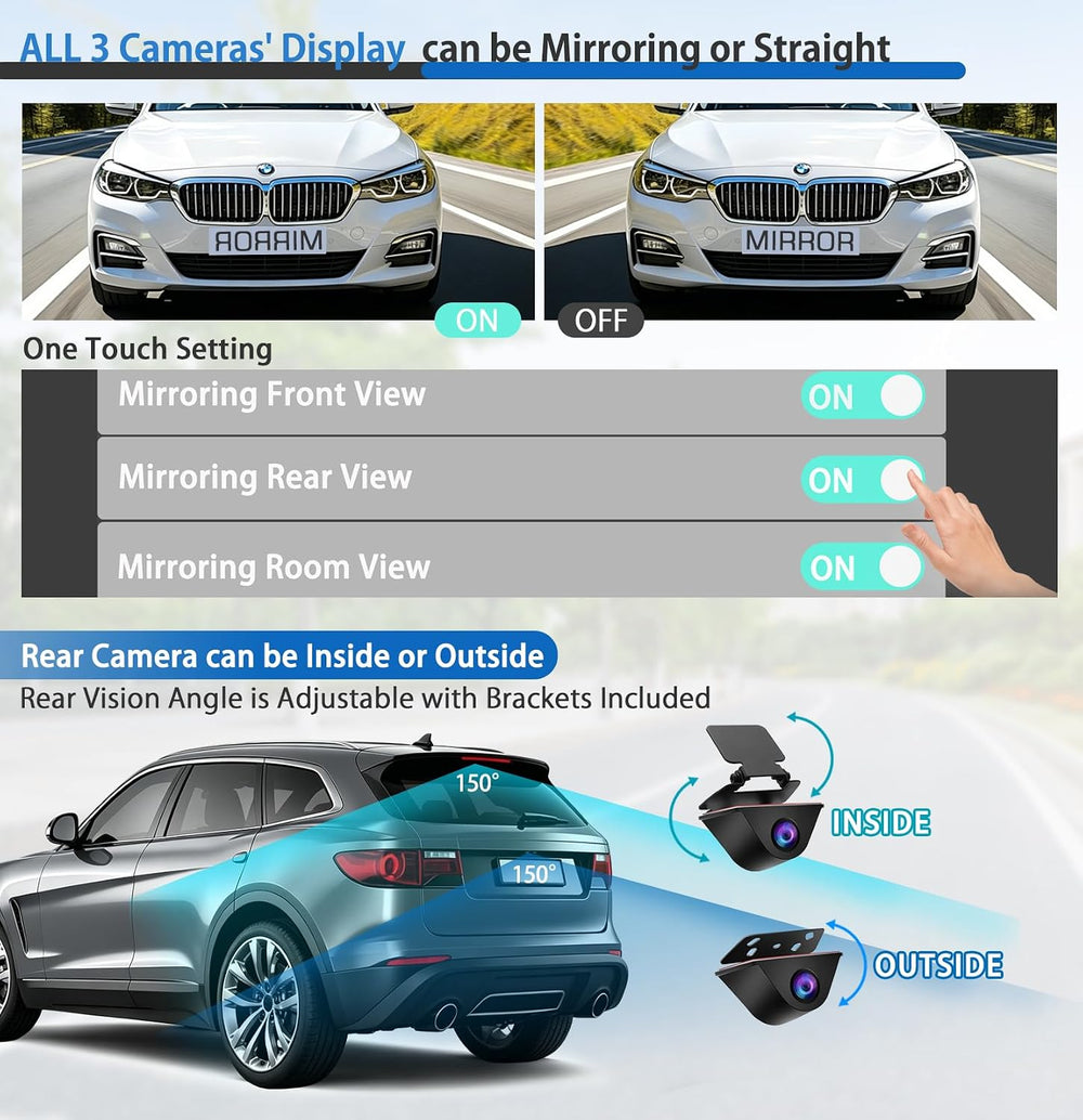 12" Rear View Mirror Dash Cam 3 Channel - Car Rearview Camera Dashcam