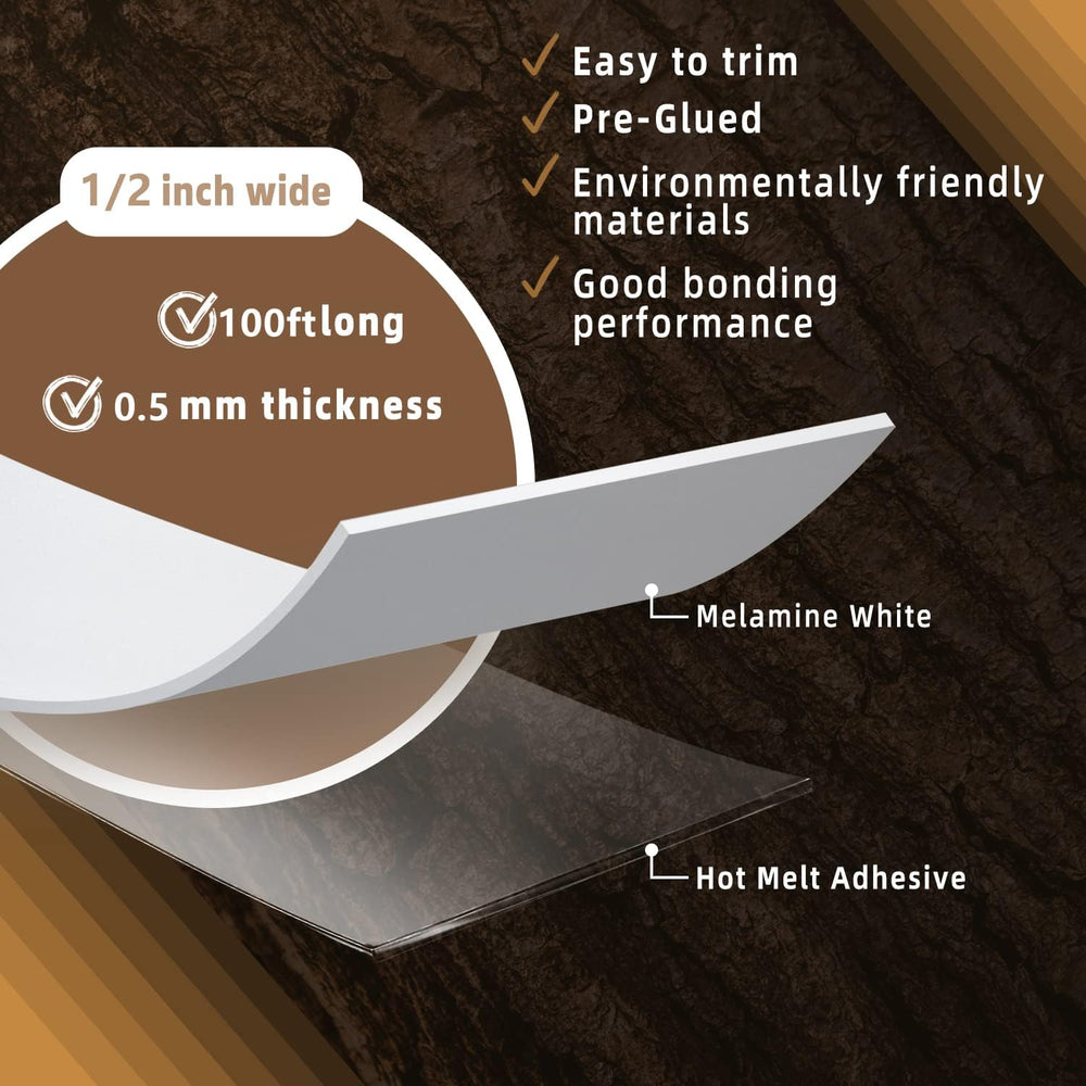 GSCIT Club White Melamine Edge Banding, 1/2 inch x 100ft Edge Banding with Ho...