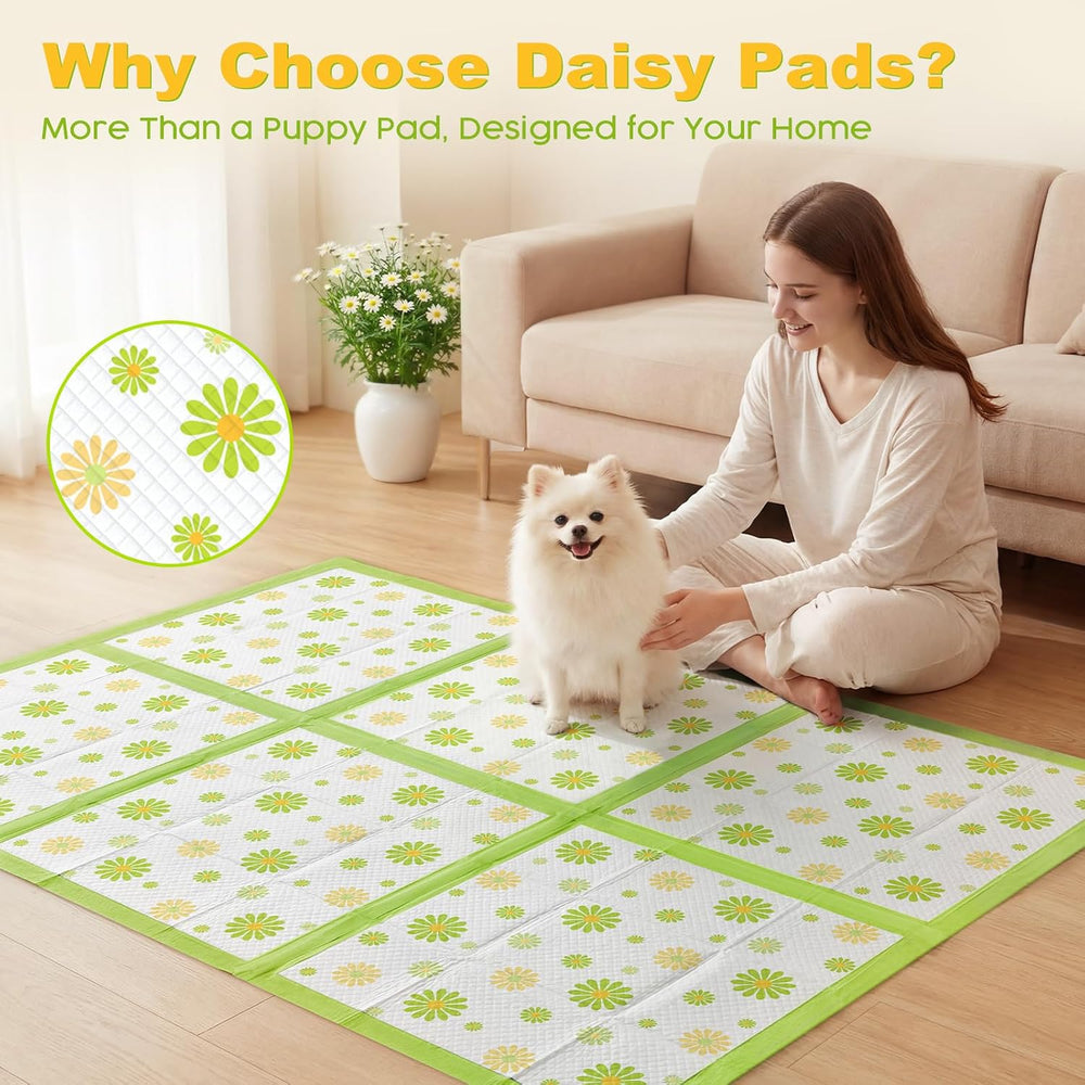 MIZOK Puppy Pads with Adhesive Tabs Green Daisy Prints Small 22x22in 100Ct