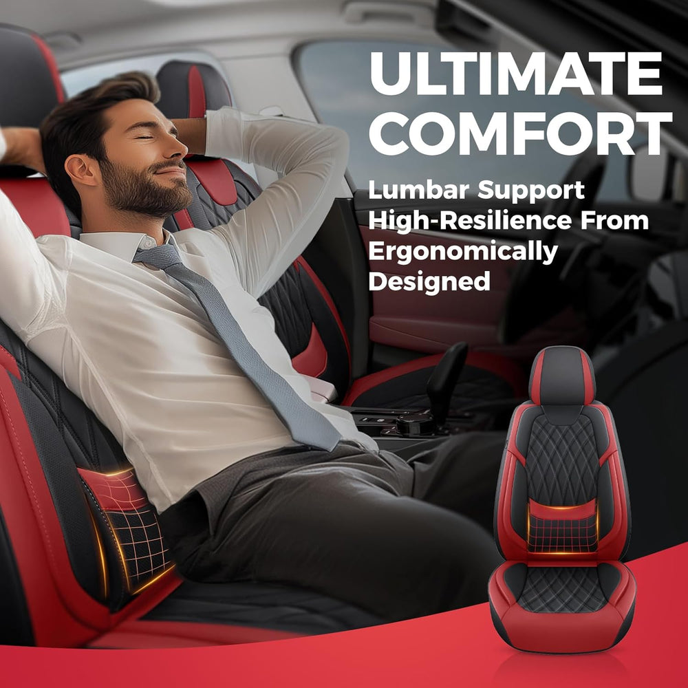 FREESOO Car Seat Covers Full Set Faux Leather Universal Fit Black Red