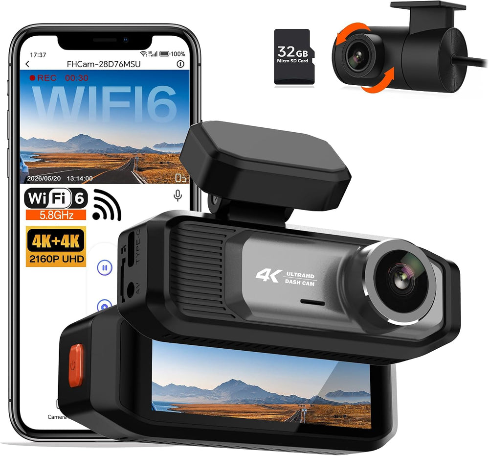 4K+4K Dash Cam Front and Rear, 5.8GHz WiFi 6, Night Vision, Free 32GB Card