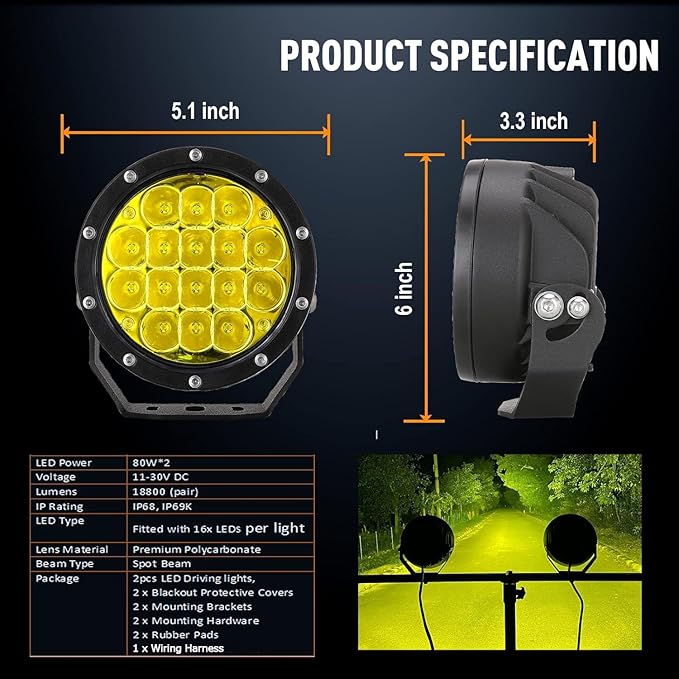 BIGLION.X 5Inch 160W Round Offroad Lights 18800LM LED Amber Fog Lights Yellow