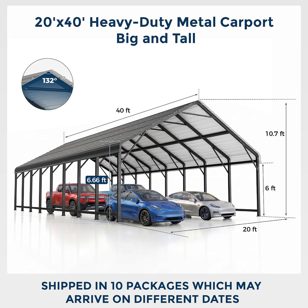 20x40FT Extra Large Heavy Duty Metal Carport 132ยฐ Steep Anti-Pooling Roof