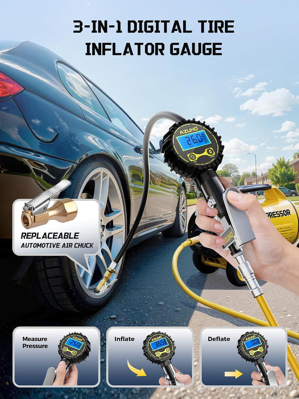 Tire Pressure Gauge, 3-in-1 Digital Tire Inflator with Air Blow Gun, 200PSI f...