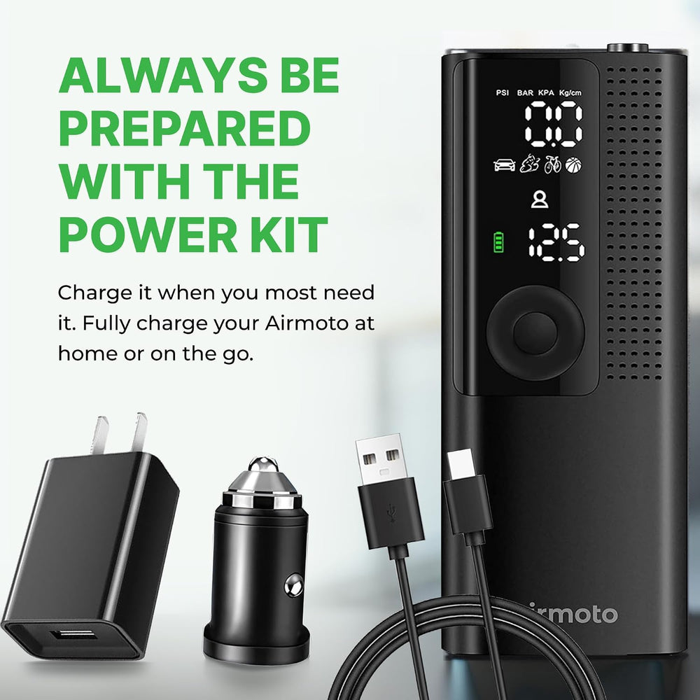 Airmoto Portable Tire Inflator and Car and Home Charger Bundle