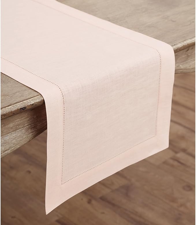 Solino Home Linen Pink Table Runner 120 Inches Long - 100% Pure Linen Hemstit...