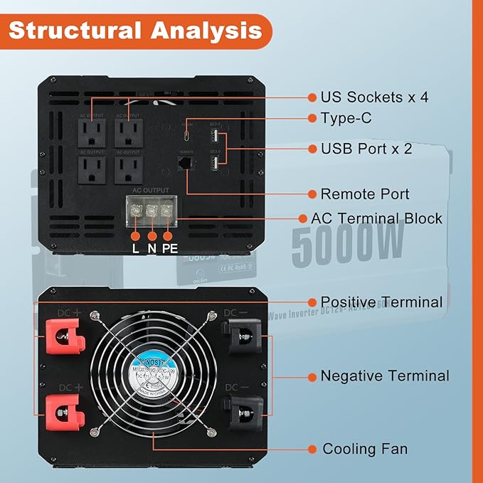 5000 Watts Power Inverter Peak 10KW, Pure Sine Wave 12V DC to 120V AC Off Grid