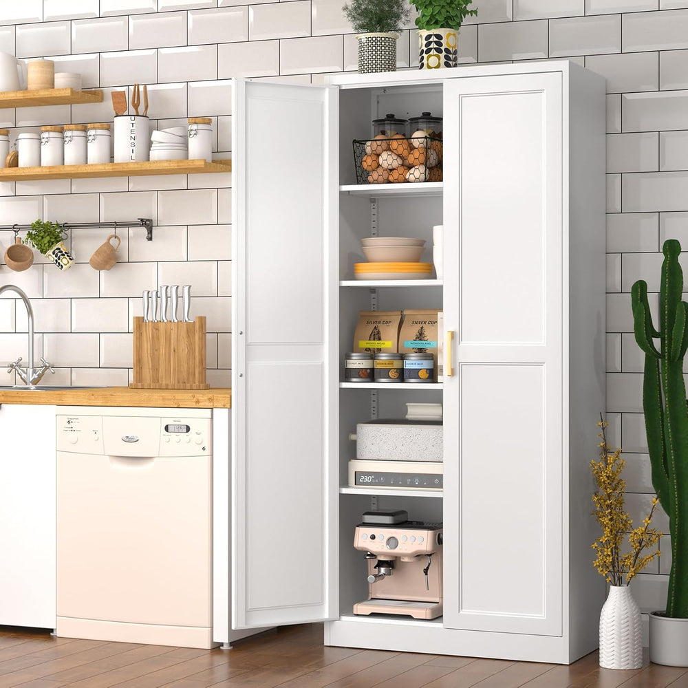 Polup 71" White Metal Kitchen Pantry Storage Cabinet with Doors and Shelves
