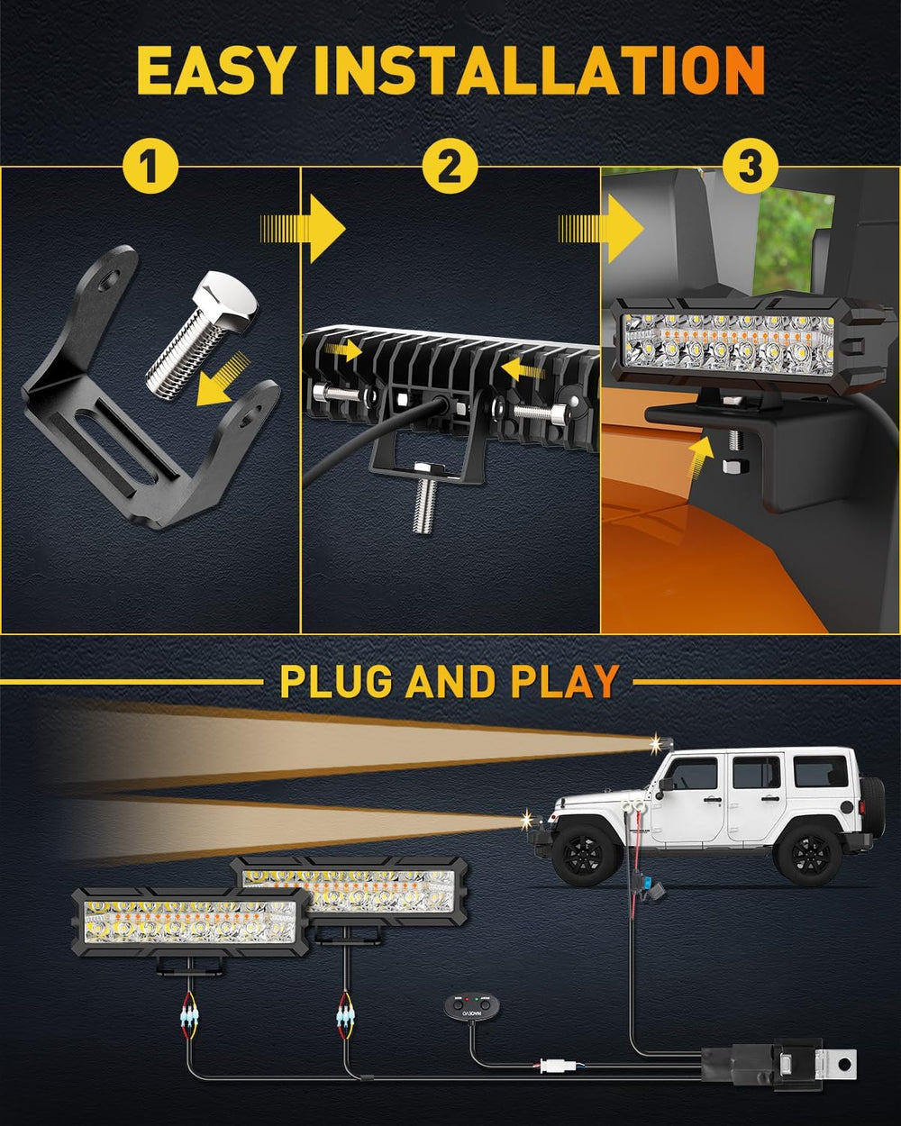 NAOEVO 6 Inch White Amber LED Light Bar, 50W 4000LM LED Fog Lights, 3-Mode