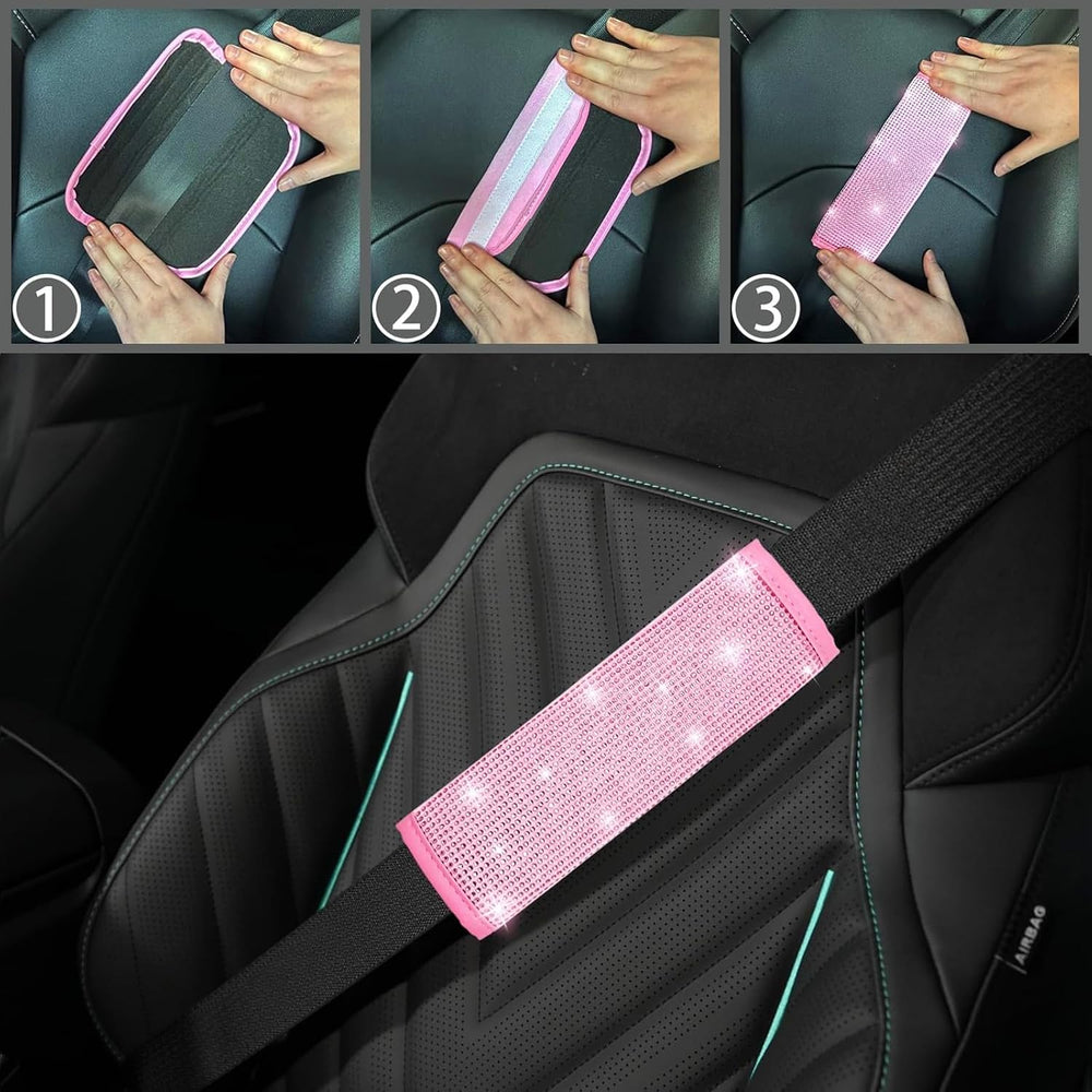 30 Pcs Pink Bling Car Accessories Set for Women, Pink Steering Wheel Cover Se...