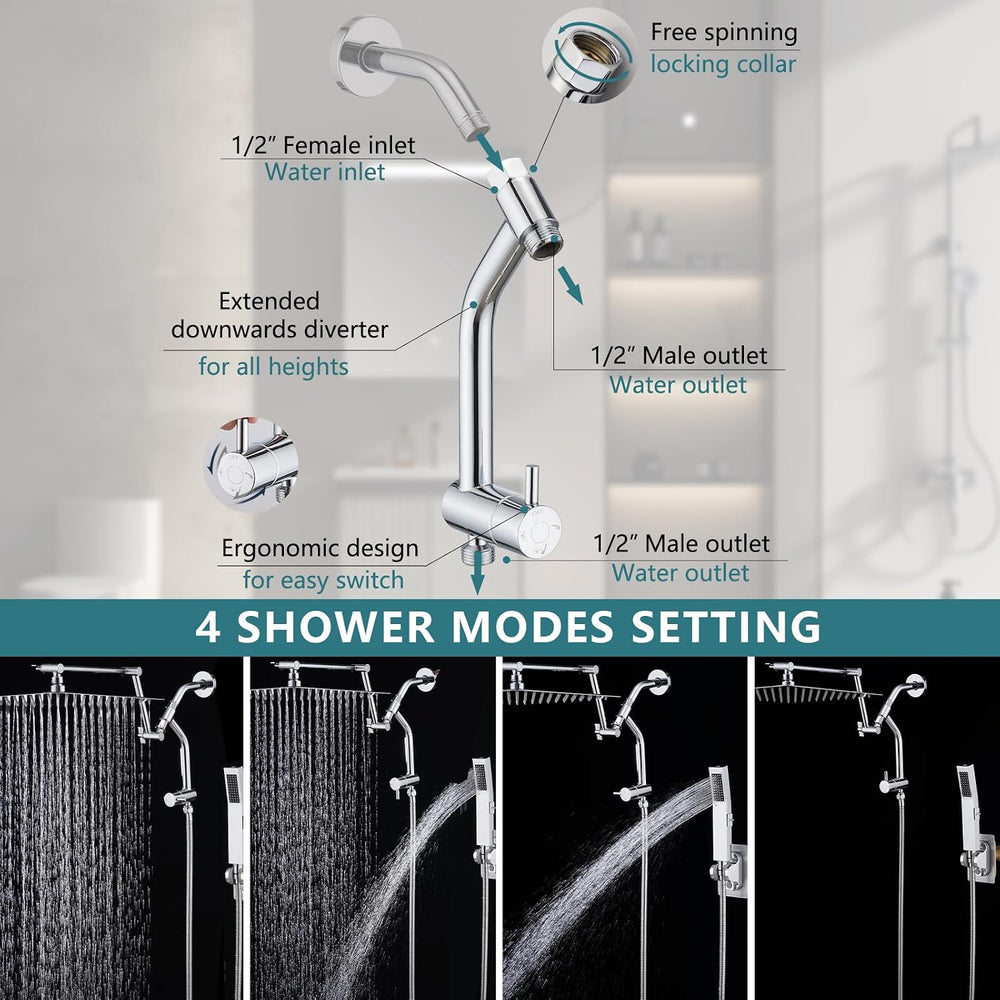 PDPBath Brass Shower Arm Diverter with Adhesive Handheld Holder for Easy Reac...