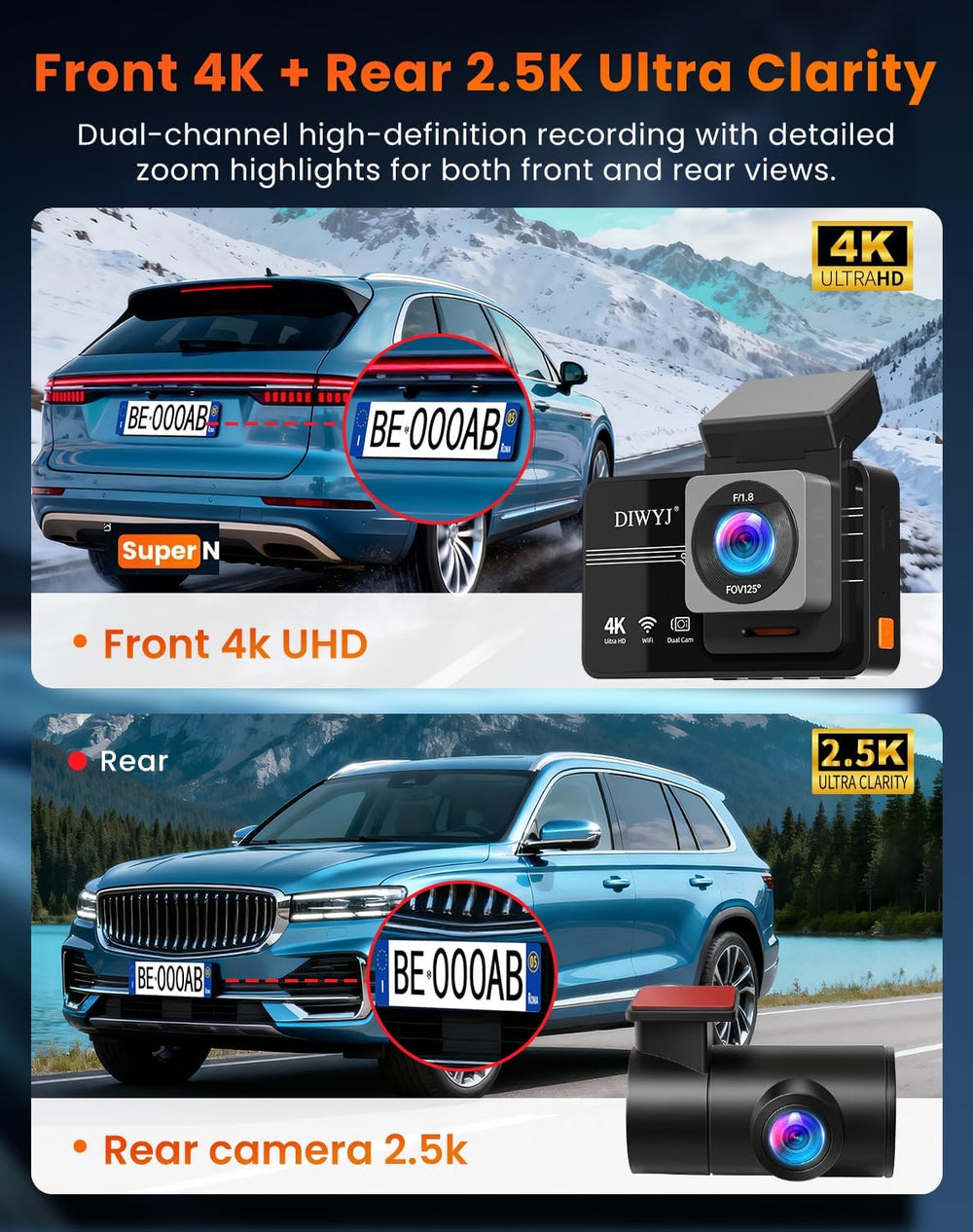 Dash Cam Front and Rear, 4K+2.5K with 170° Fisheye Lens, Full HD Dash Camera ...