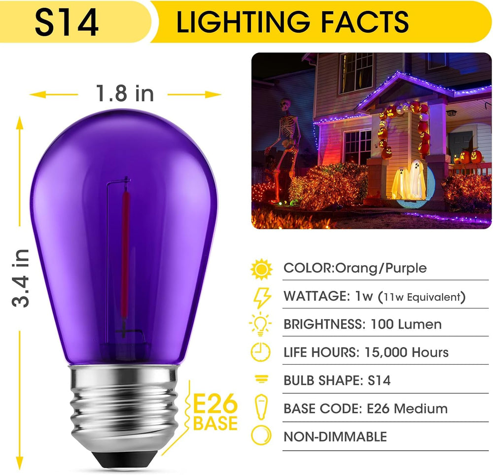 Meconard 24 Pack S14 Purple and Orange Light Bulbs for Halloween Decoration