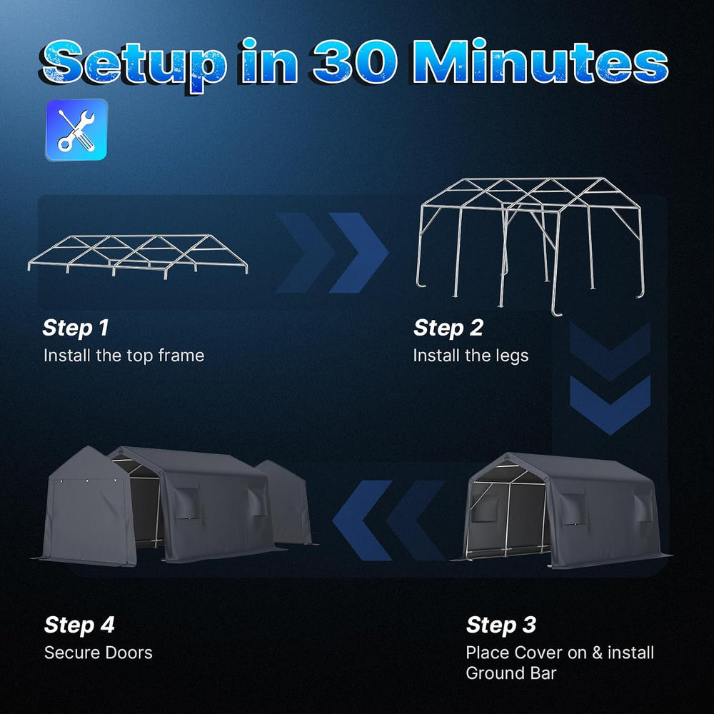 10X15 ft Garage Shelter Steel Metal Peak Roof Portable Storage Shed Carport f...