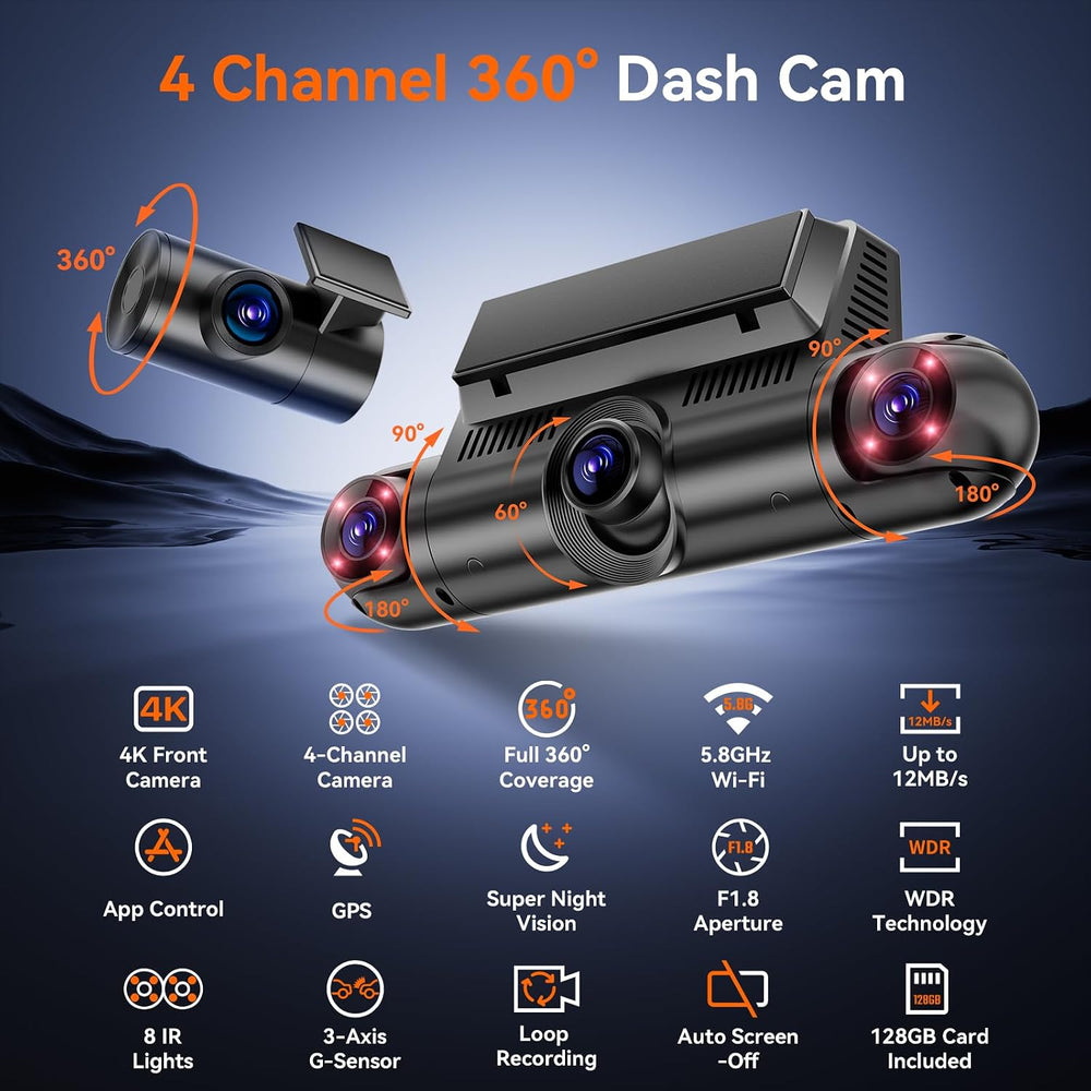 4K 360ยฐ Dash Cam, 4-Channel Front Rear Left Right, WiFi GPS 128GB