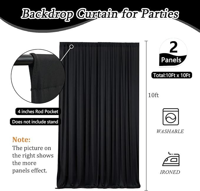 10 x 10 Feet Black Backdrop Curtain for Partie, Background Curtains for Photo...