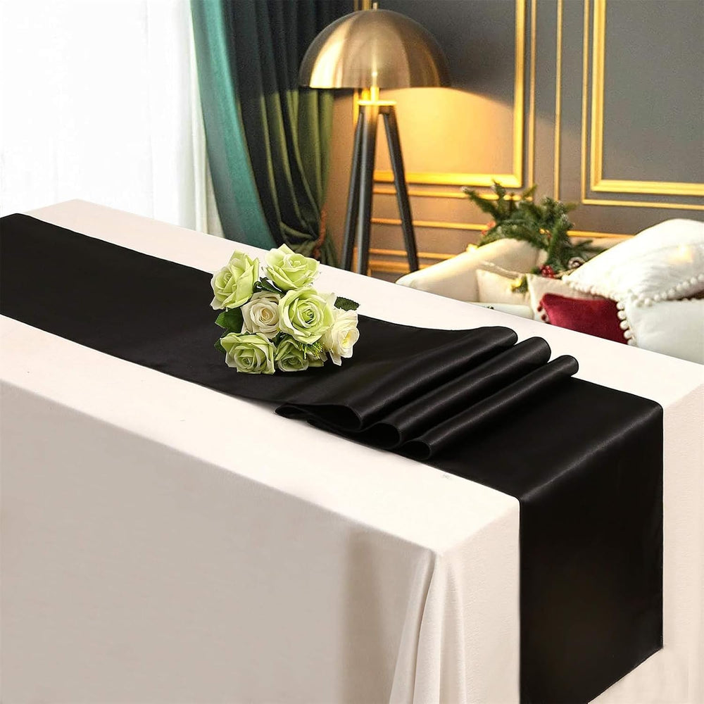 24 Pack Black Table Runners 12 x 108 Inches Long Smooth Satin Silk Black Hall...