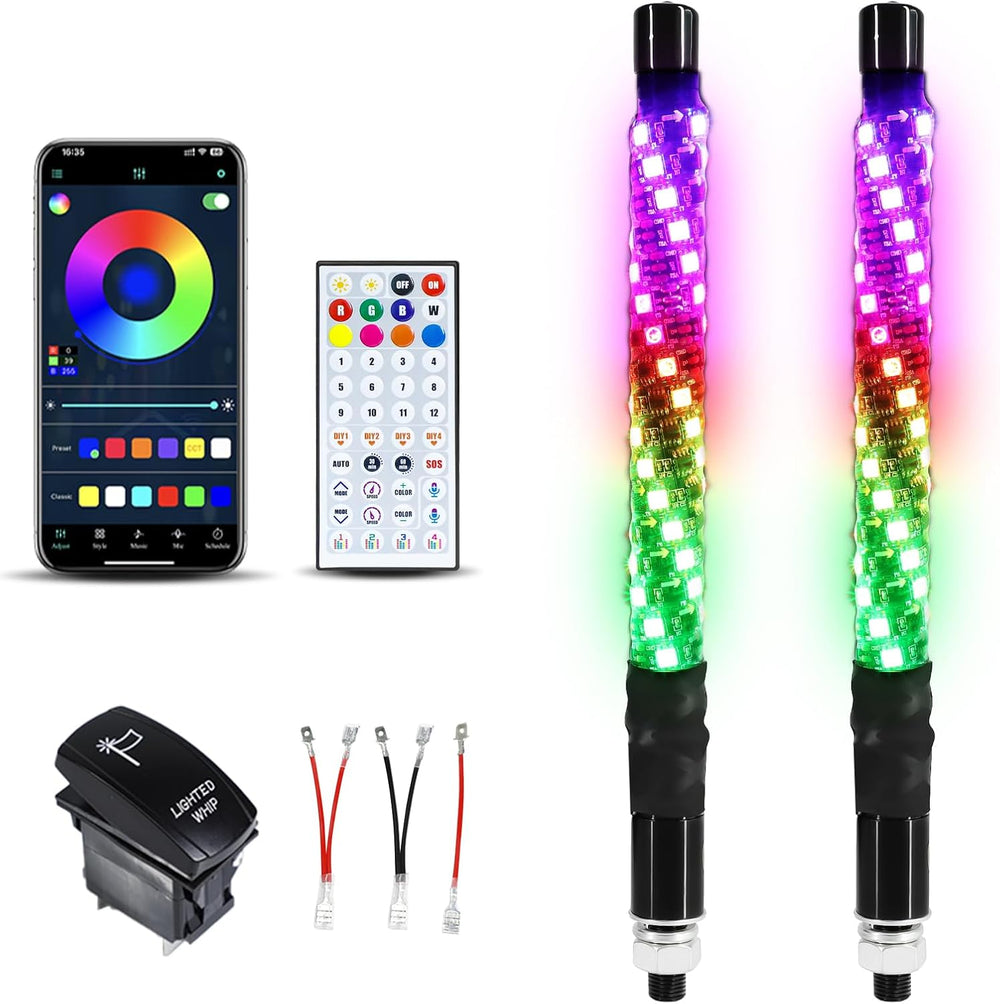 2 Pack 1FT Whip Lights with Spring Base, LED Whip Light with App & Remote...