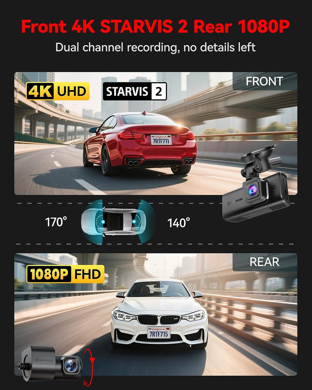 REDTIGER 4K STARVIS 2 Dashcam Front Rear, 5GHz WiFi 20MB/s, Voice Control