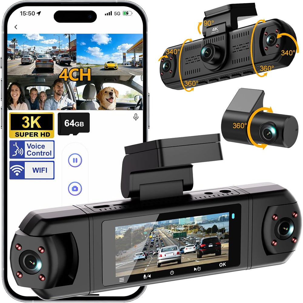 4 Channel Dash Cam, 360° View 3K Front +1080P x3 Left & Right, Dash Camer...